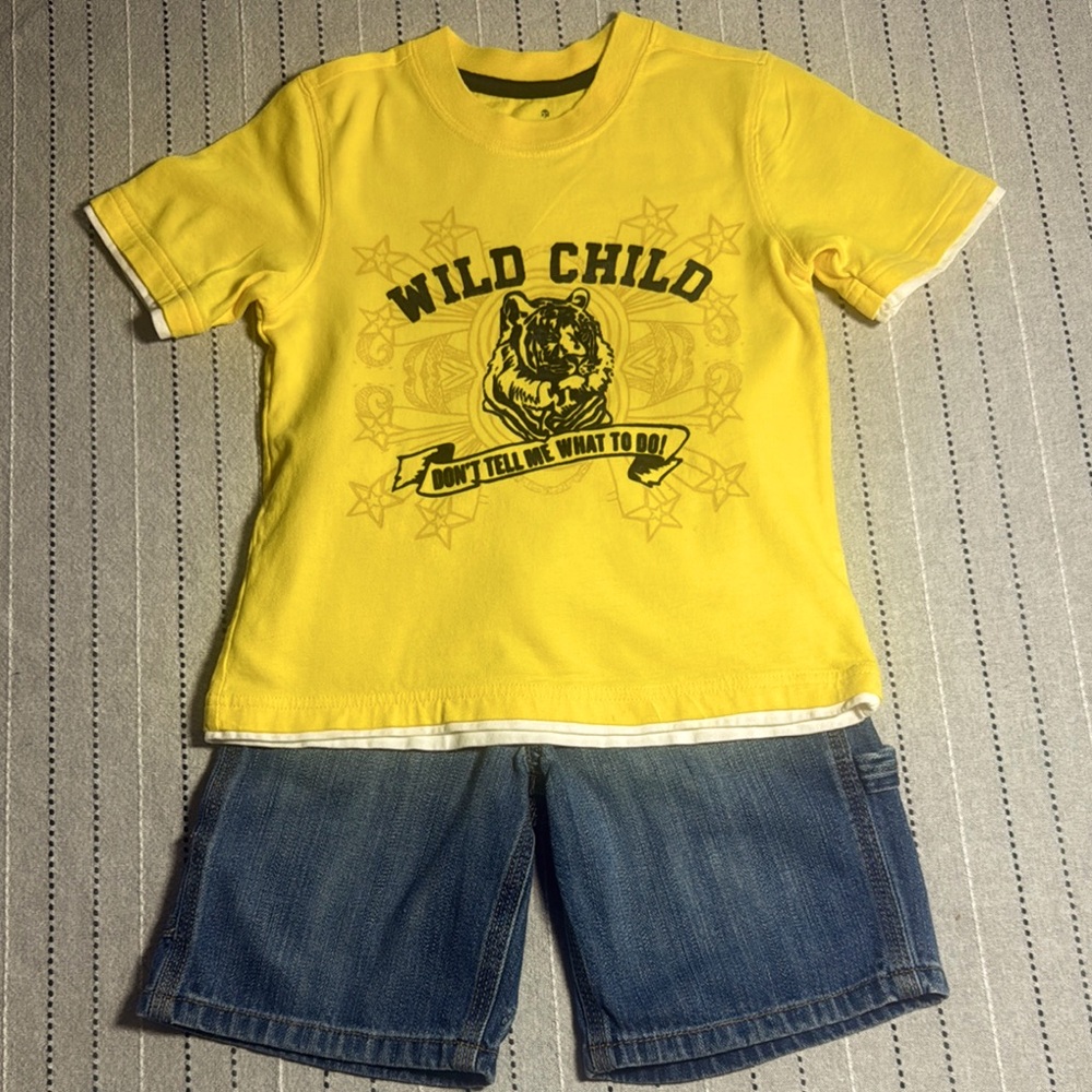 Old Navy Kids -Boy’s Yellow Short Sleeve Tee and Denim Shorts Set.